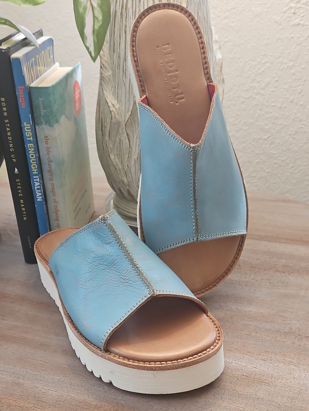 BED|STU Sky Blue Leather Slide Clogs with White Platform